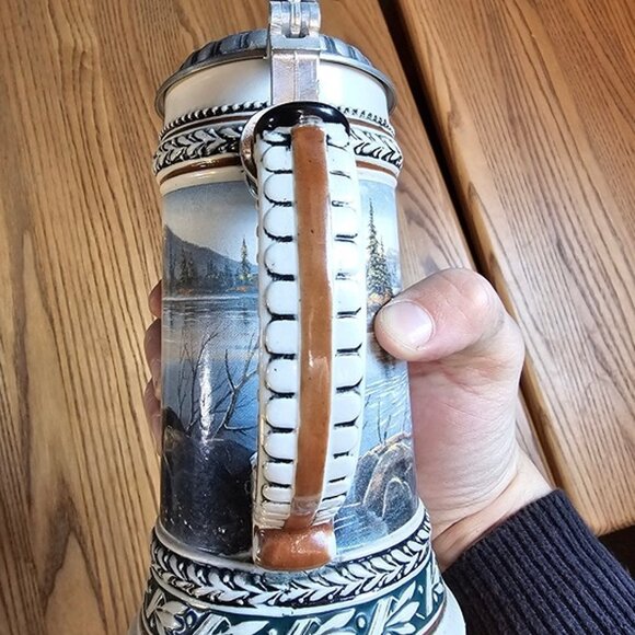 Vintage Fishing Man Ceramic Collectible Beer Stein with Fine Pewter Flip Lid - Picture 6 of 8